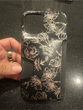 iPhone 14 Pro Floral Black Phone Case with Rose Gold Pattern